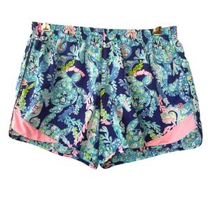 Lilly Pulitzer Luxletic Ocean Trail Shorts Sea You Soon Turtle Print Blue Small